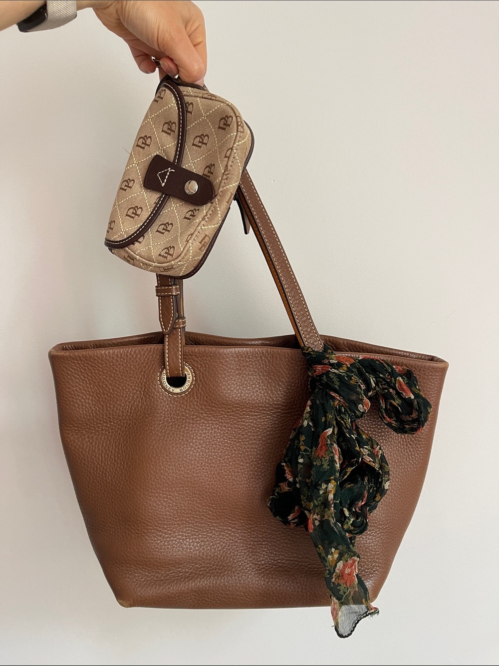 BUNDLE Dooney & Bourke Brown Leather Tote & Monogram Pouch Bundle